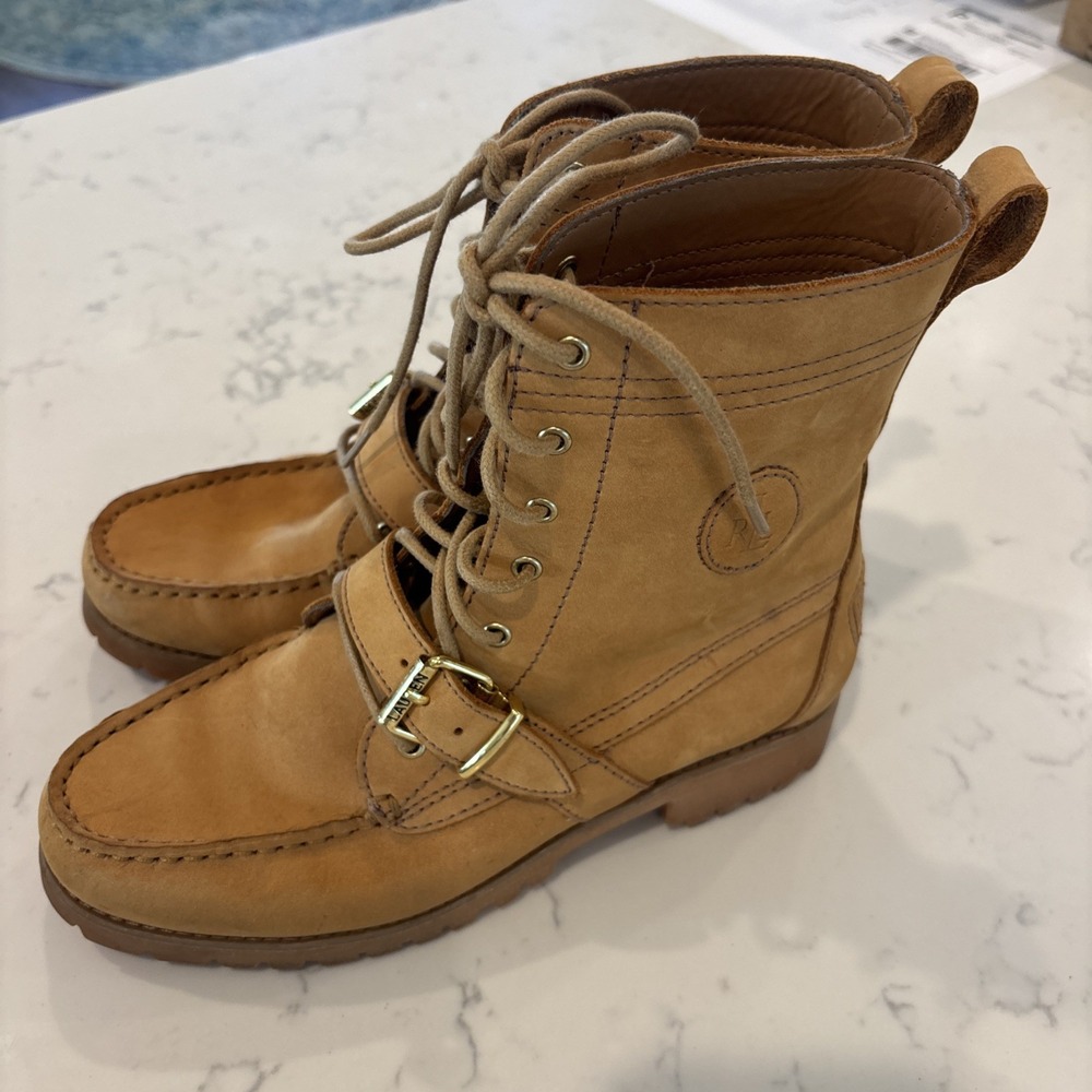 Lauren Ralph Lauren Tan Leather  Ranger Boots Zera BO-WBT Sz 7B Gold Hardware
